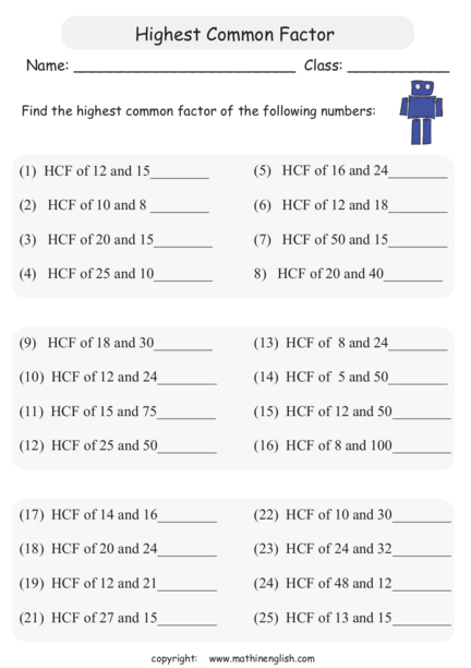 Greatest Common Factor Worksheets
