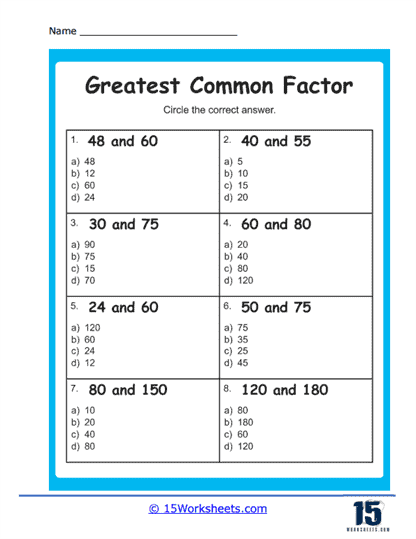Greatest Common Factors Worksheets GCF Practice Drills 15 