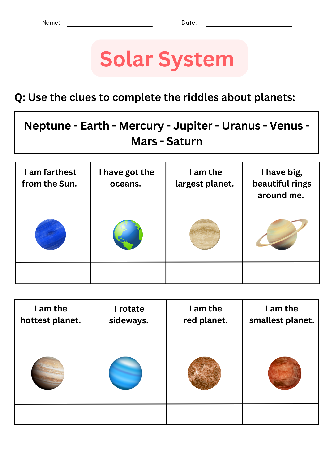 solar system worksheets
