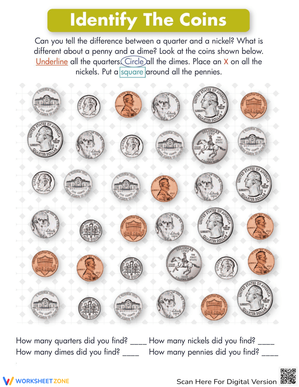 Identifying Coins Worksheet
