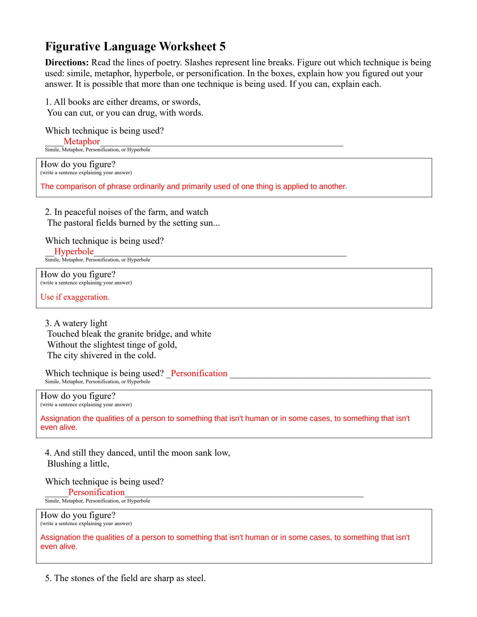 Identifying Figurative Language Worksheet 4 Answers