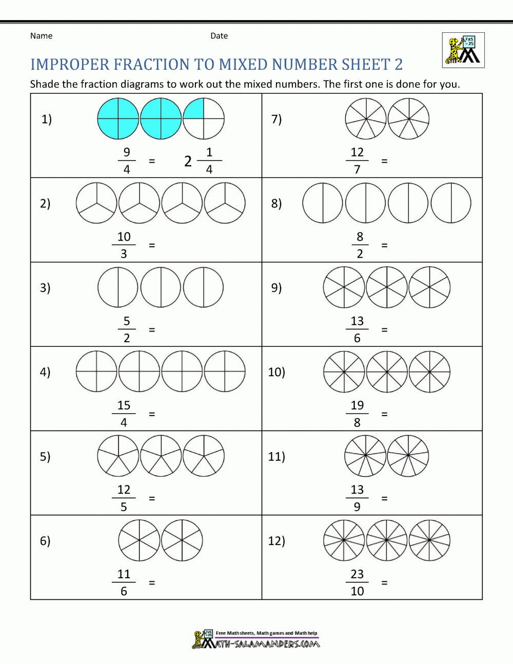 improper fraction to mixed number worksheet