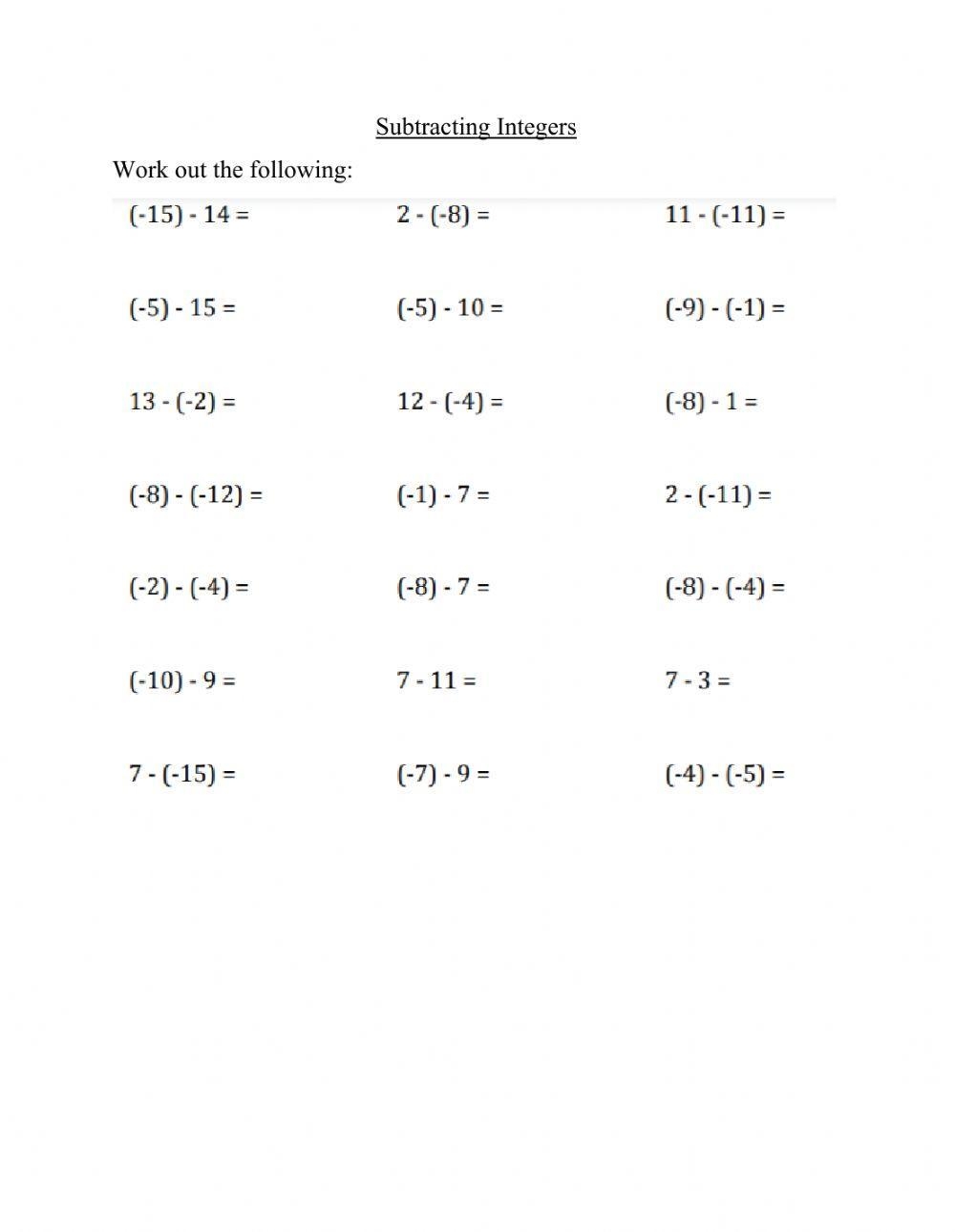 Integer Subtraction Worksheet Integer Subtraction Worksheet