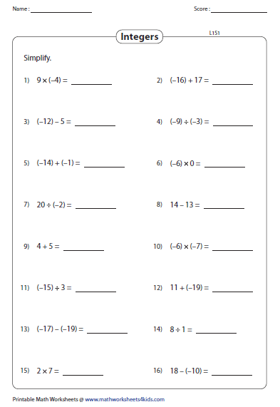 Integers Worksheets