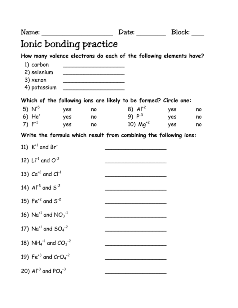 Ionic Bond Formation Worksheet Ionic Bonding Ppt Download