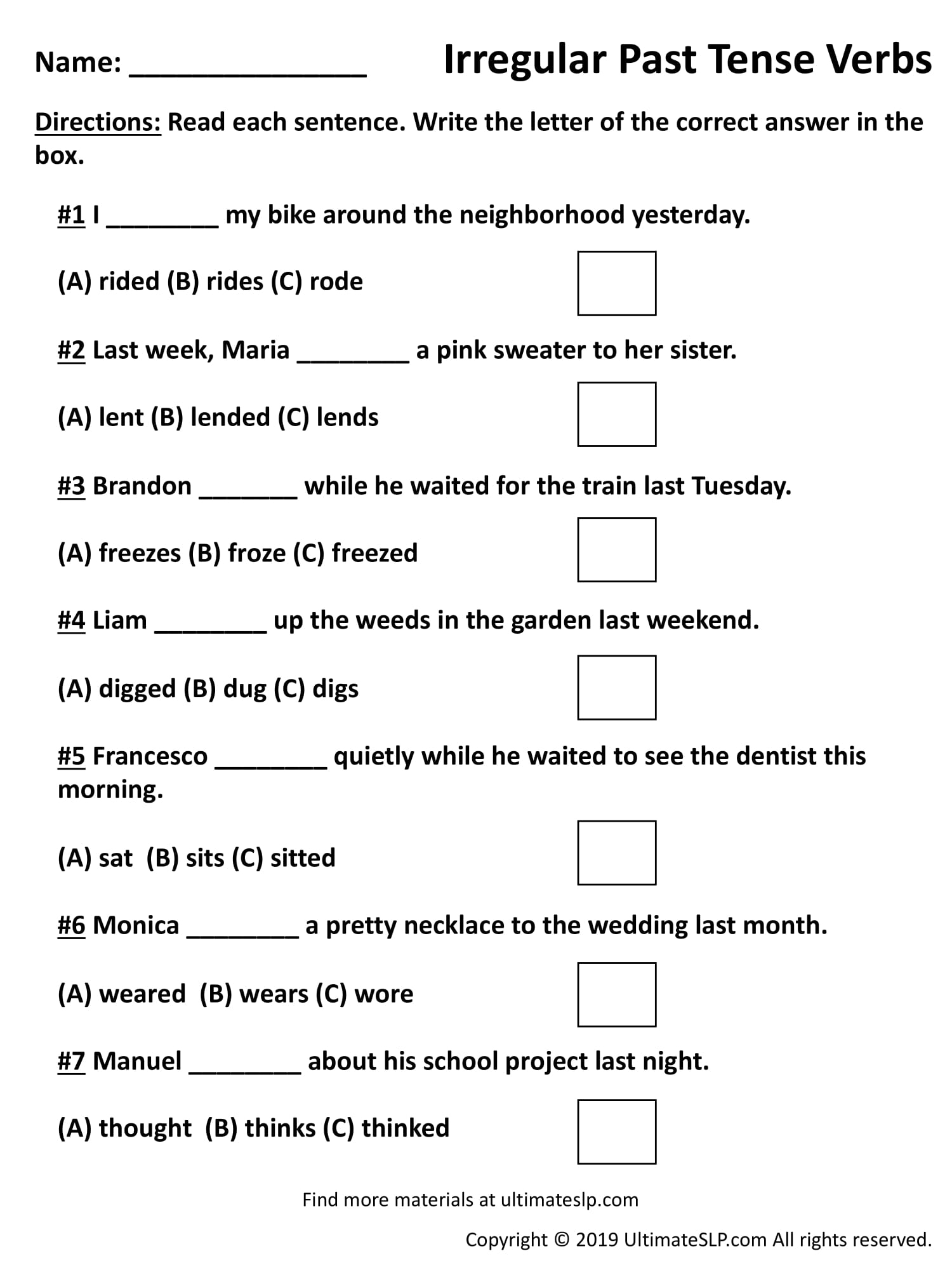 irregular past tense verbs worksheet