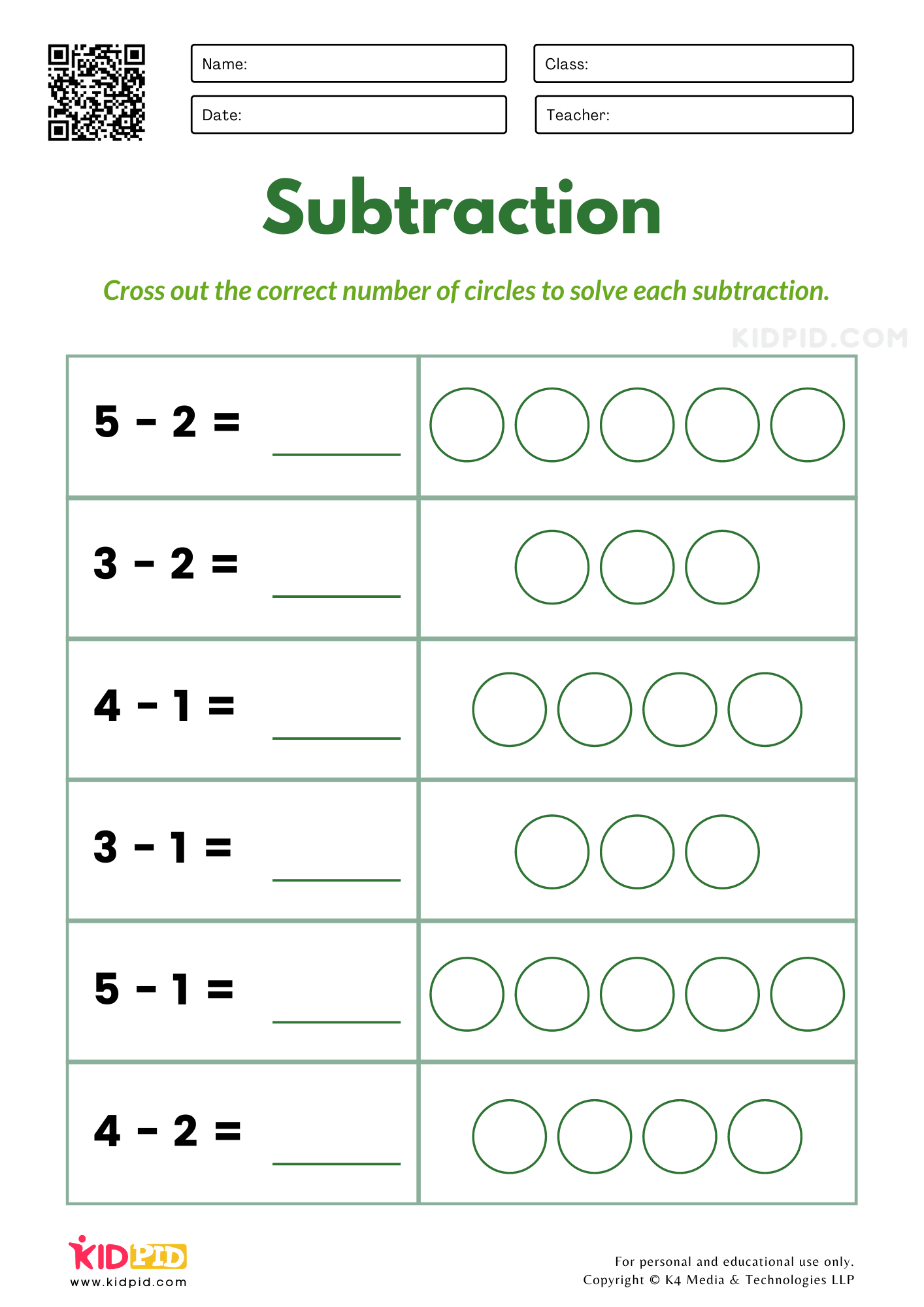 Kindergarten Subtraction Worksheets
