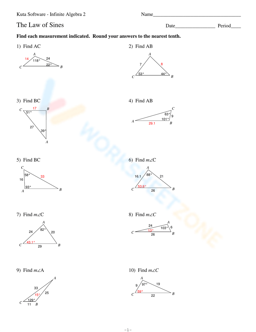 law of sines worksheet