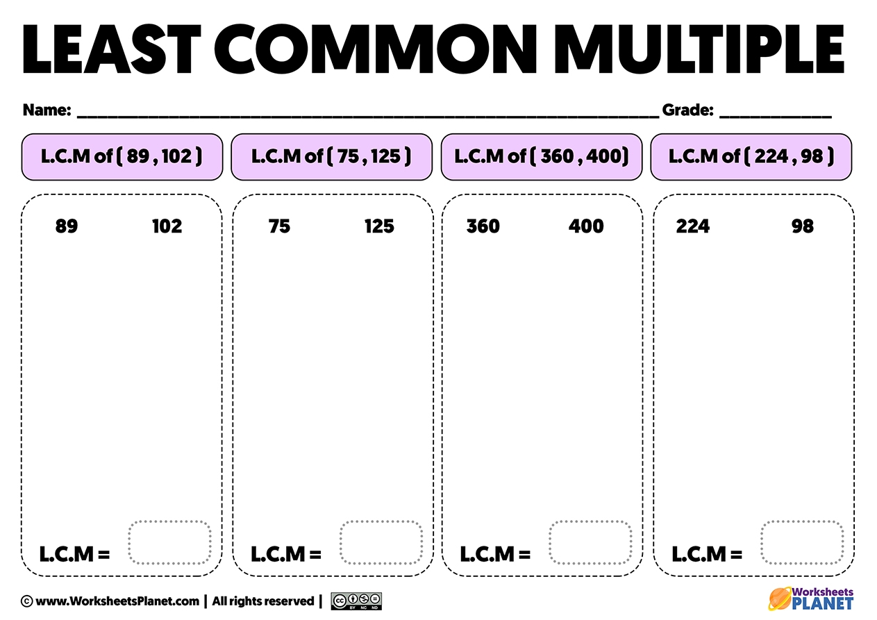 Least Common Multiple Exercises L C M Worksheets Least Common Multiple Exercises L C M Worksheets