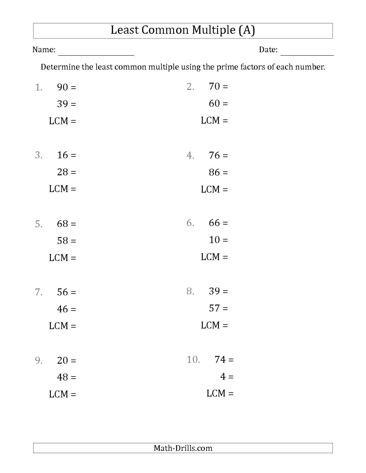 Least Common Multiple Worksheet Least Common Multiple Worksheet