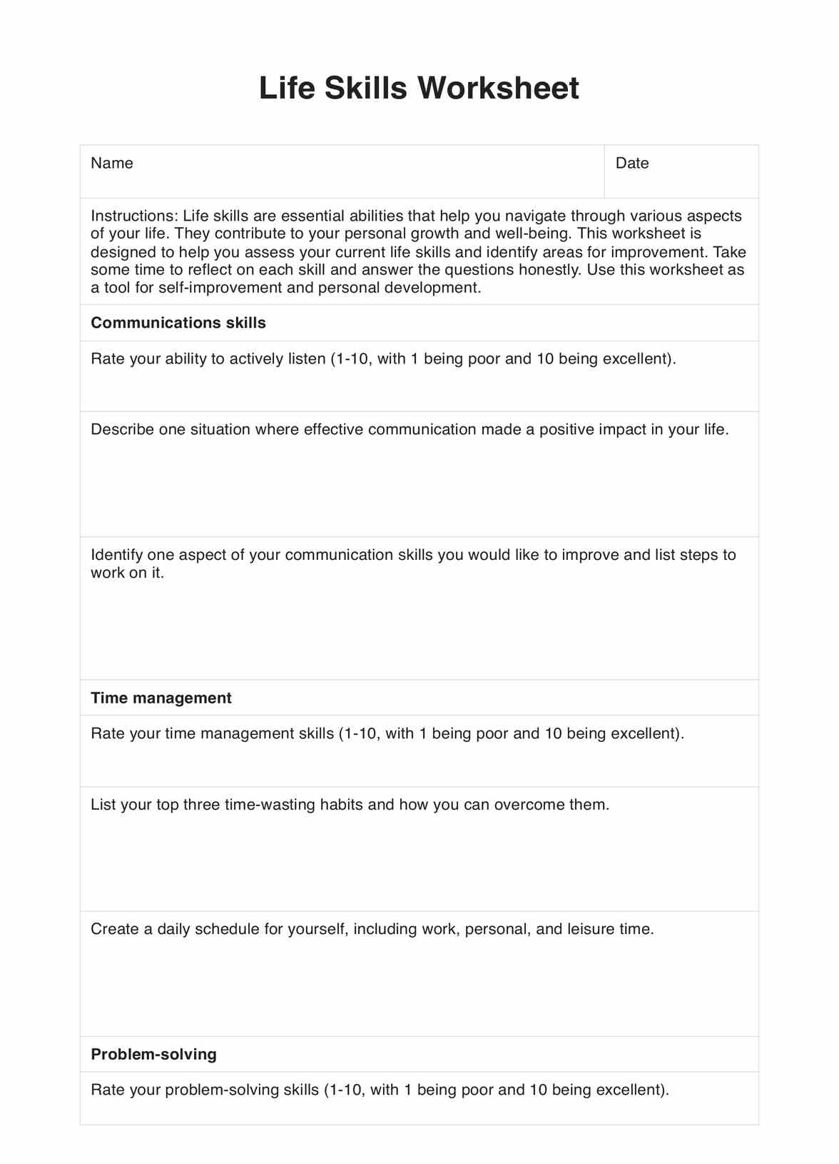 Life Skills Worksheets