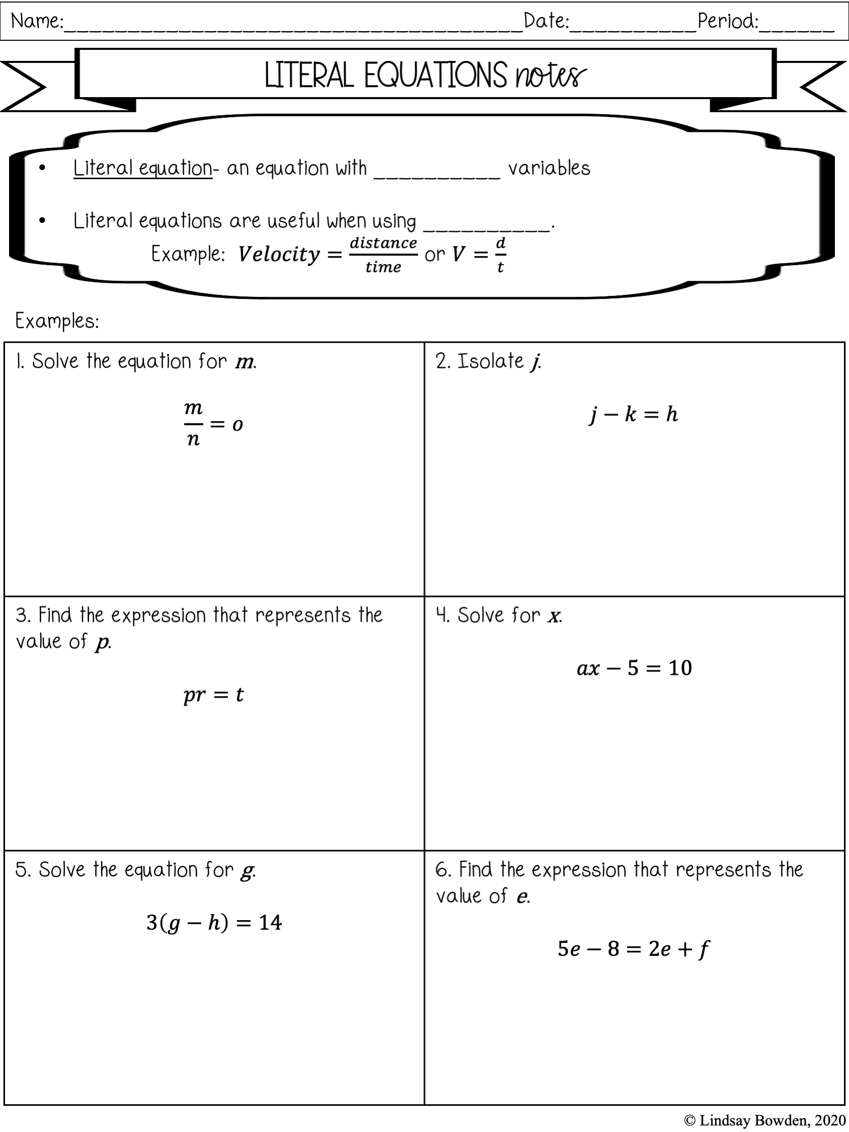 Literal Equations Notes And Worksheets Lindsay Bowden Worksheets Literal Equations Notes And Worksheets Lindsay Bowden Worksheets