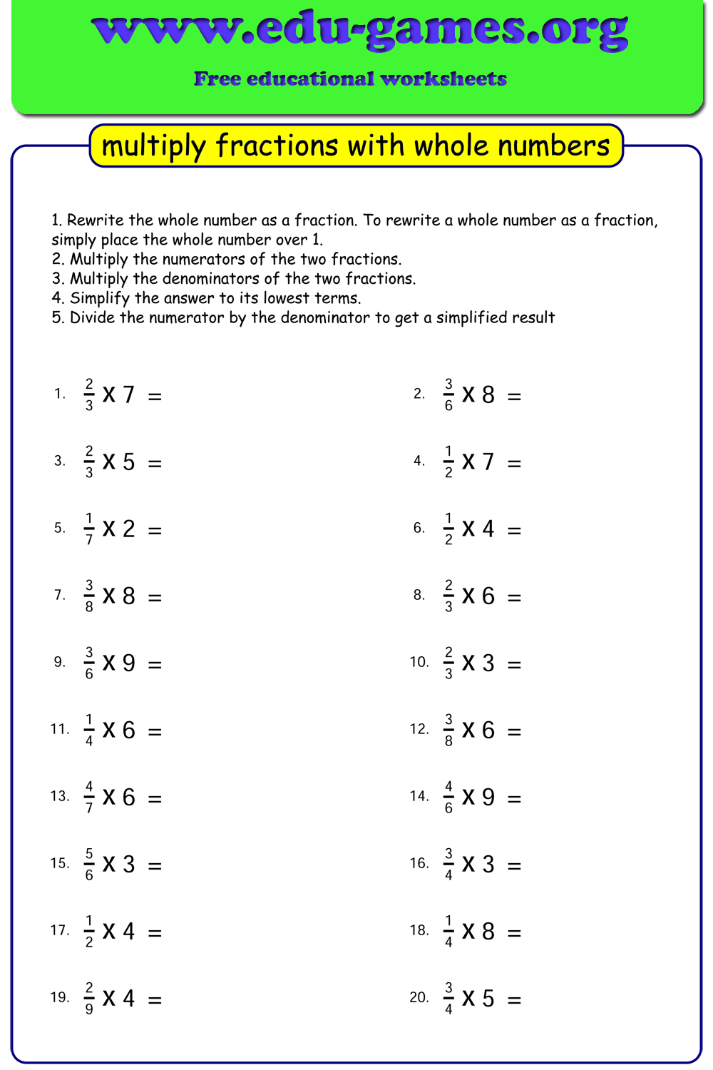 multiplying fractions and whole numbers worksheet multiplying fractions and whole numbers worksheet