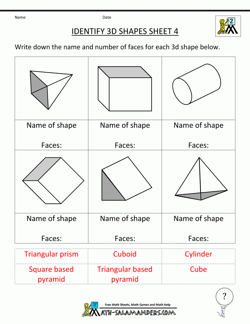 Math 3d Shapes Worksheet Math 3d Shapes Worksheet