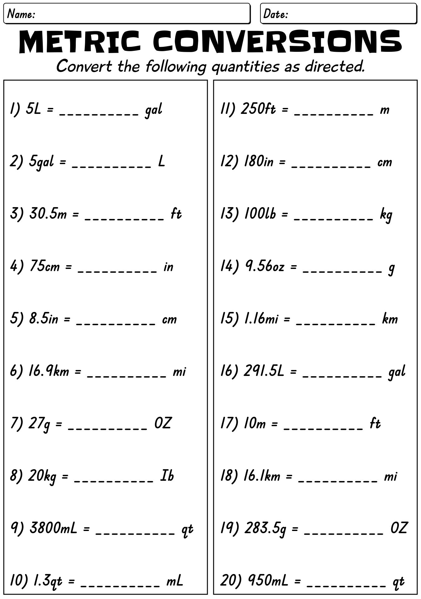 Metric System Conversion Worksheet Pdf