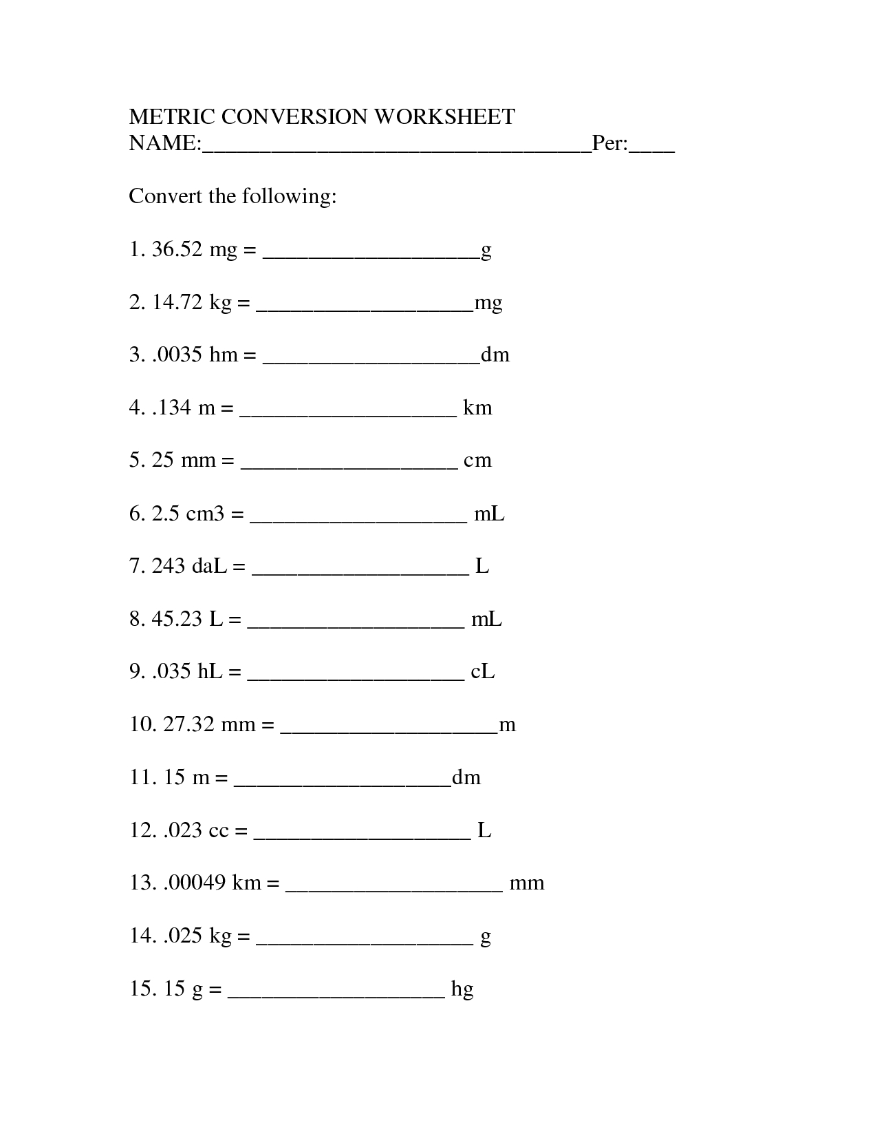 Metric Unit Conversion Worksheet Physical Science Metric System 