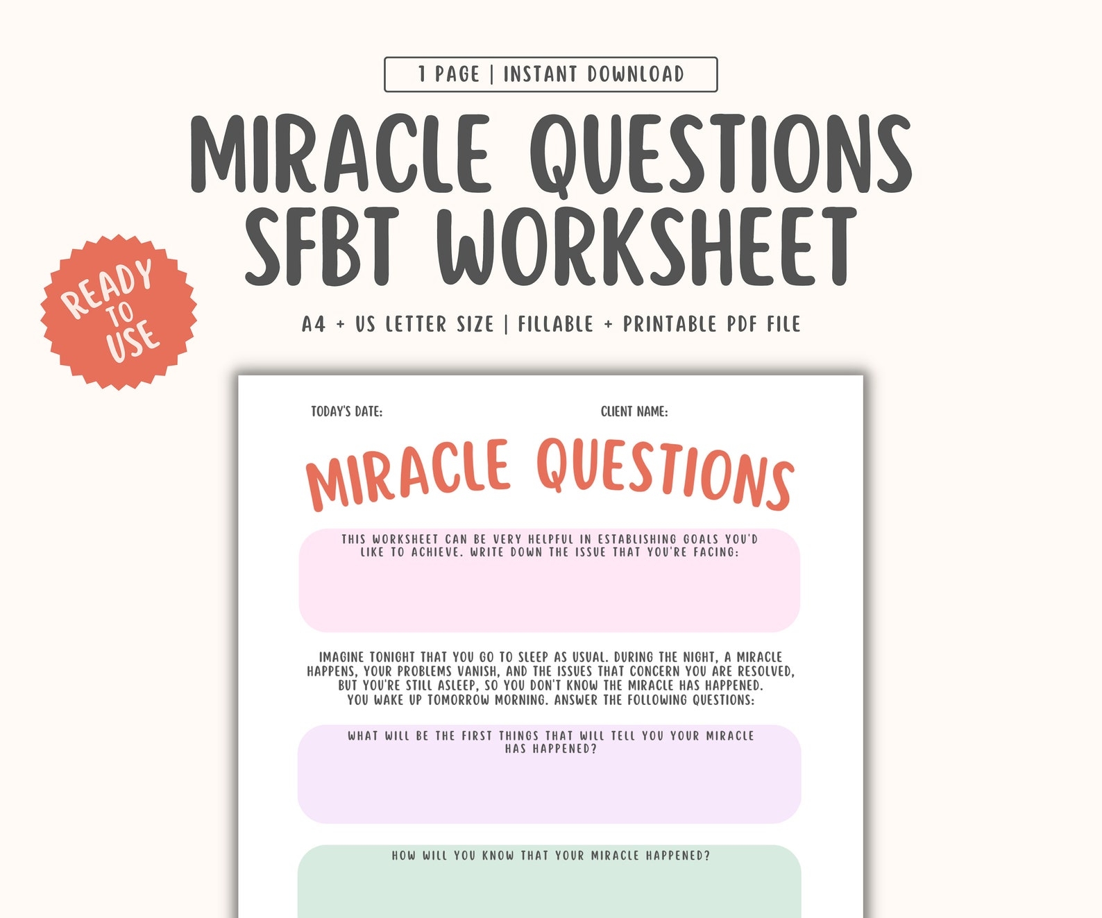 Miracle Questions Worksheet SFBT Worksheets Solution Focused Therapy 