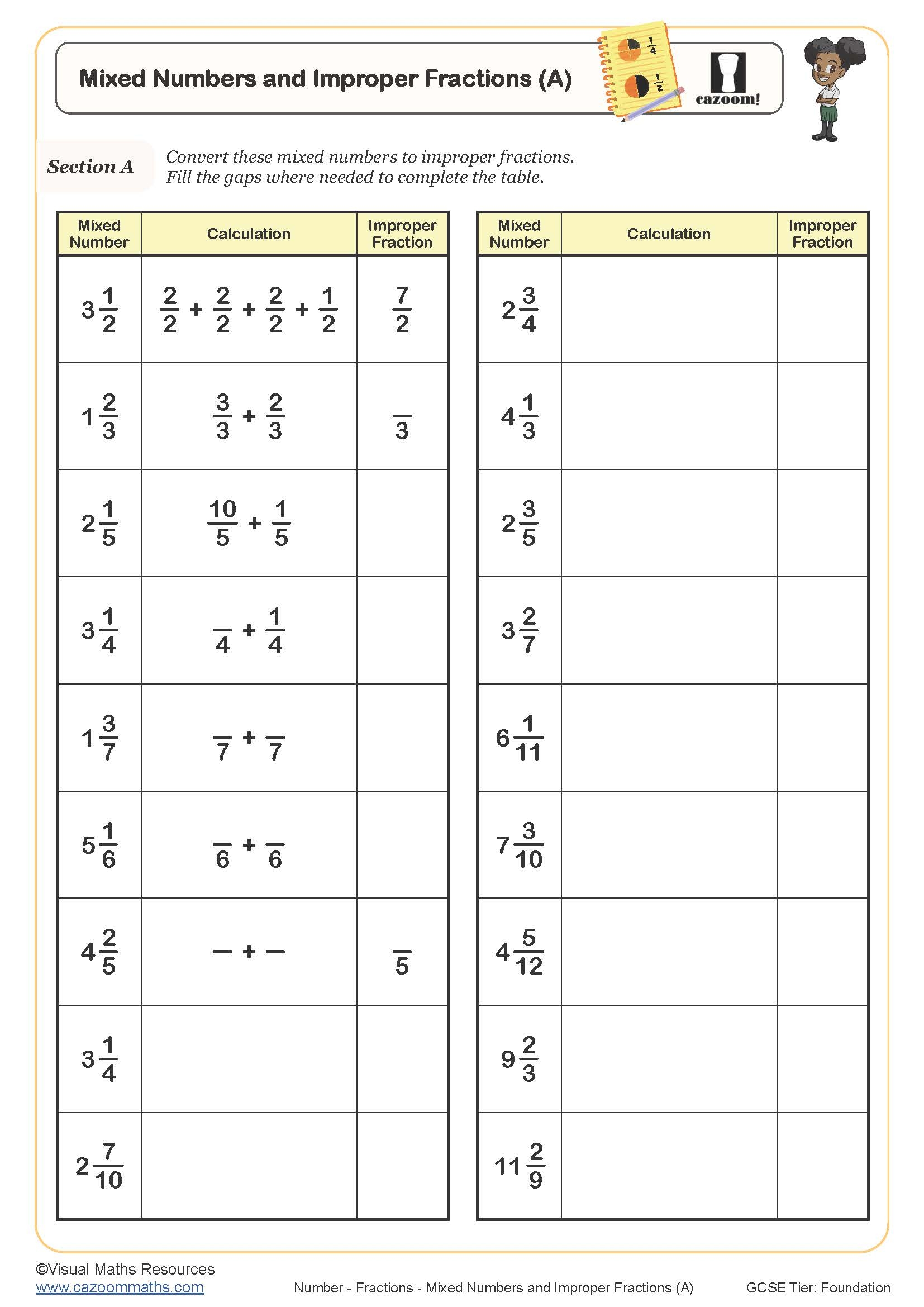 mixed number to improper fraction worksheet
