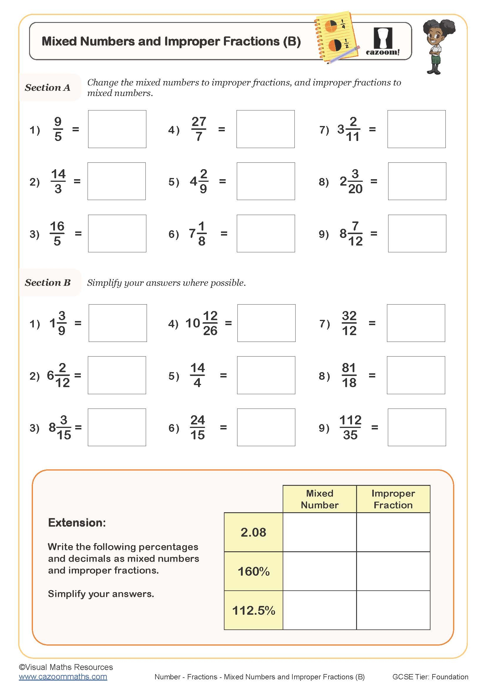 improper fractions to mixed numbers worksheet