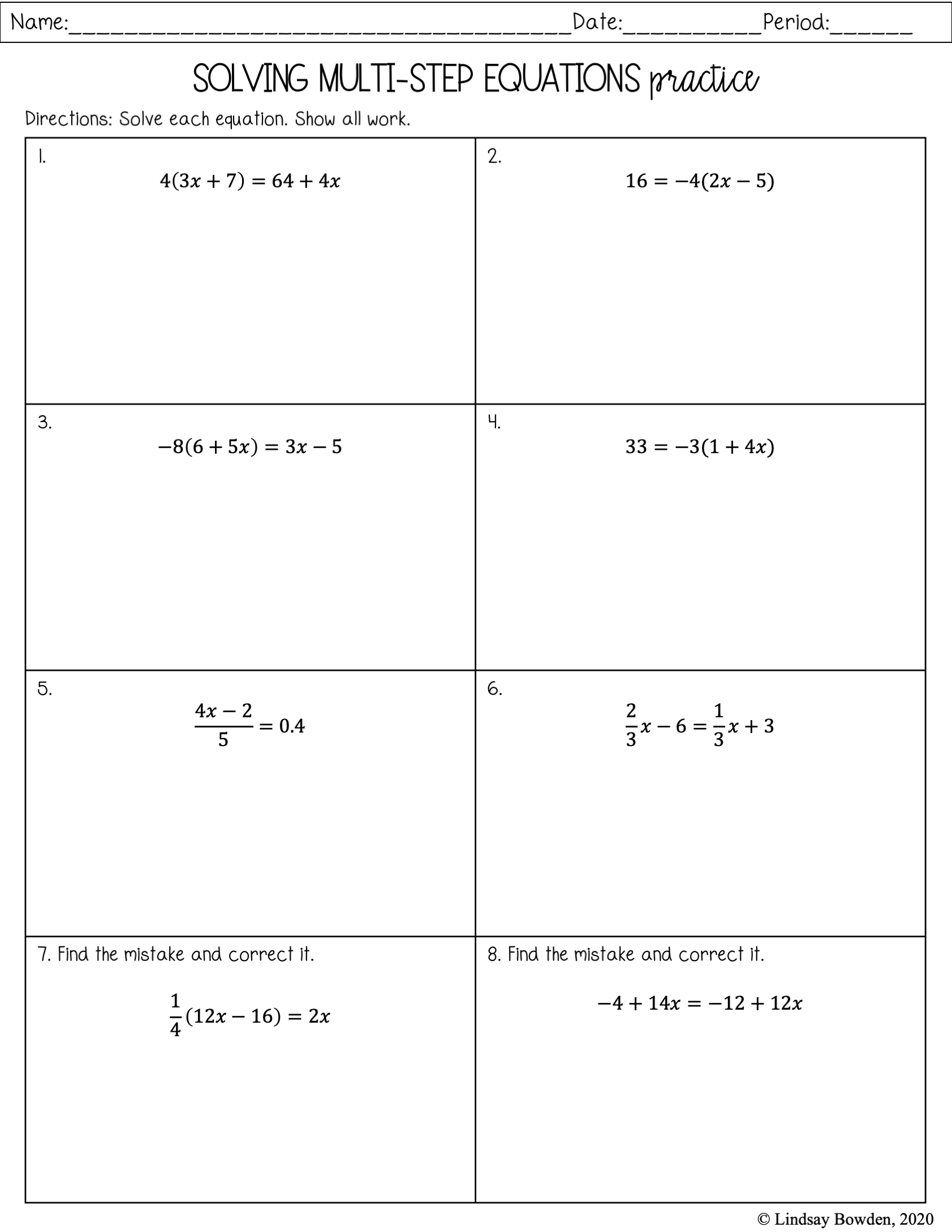 multi step solving equations worksheet