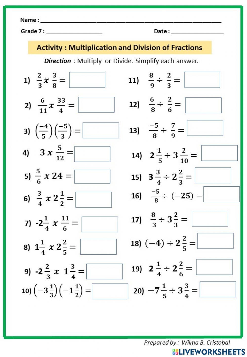 Multiplication And Division Of Fractions Activity Worksheet Live 