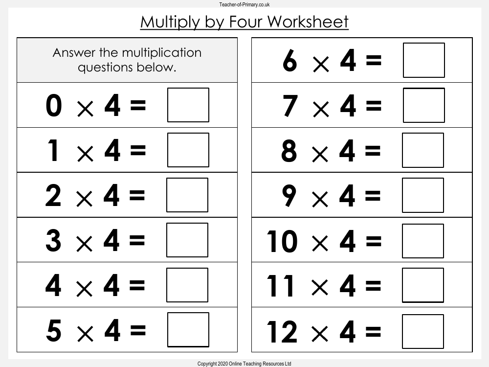 Multiplication By 4 Worksheet Printable