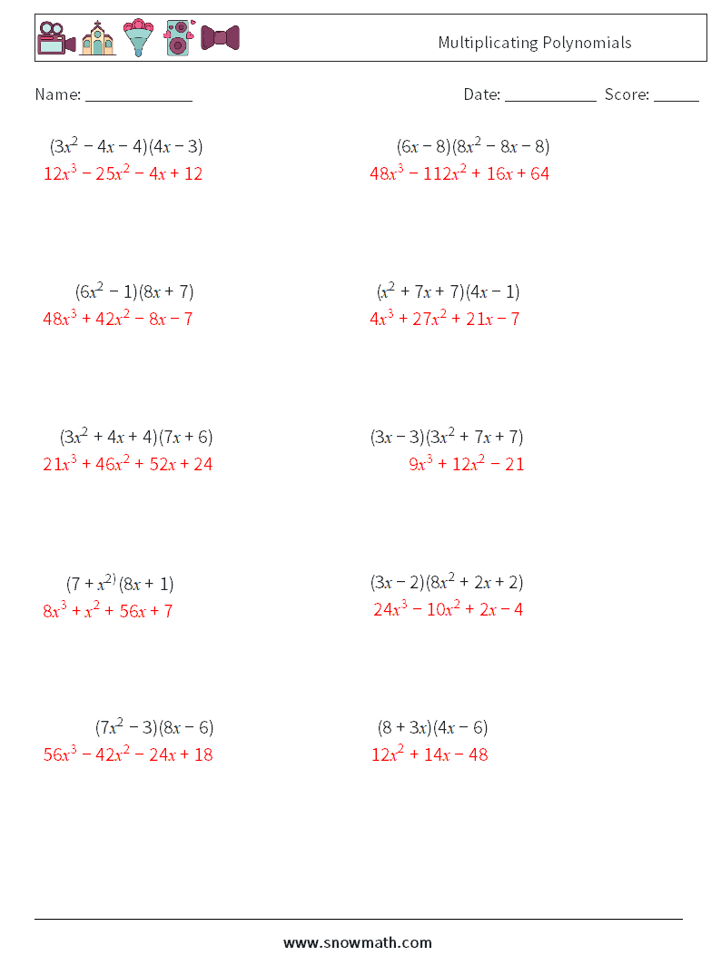 Multiplication Of Polynomials Worksheets