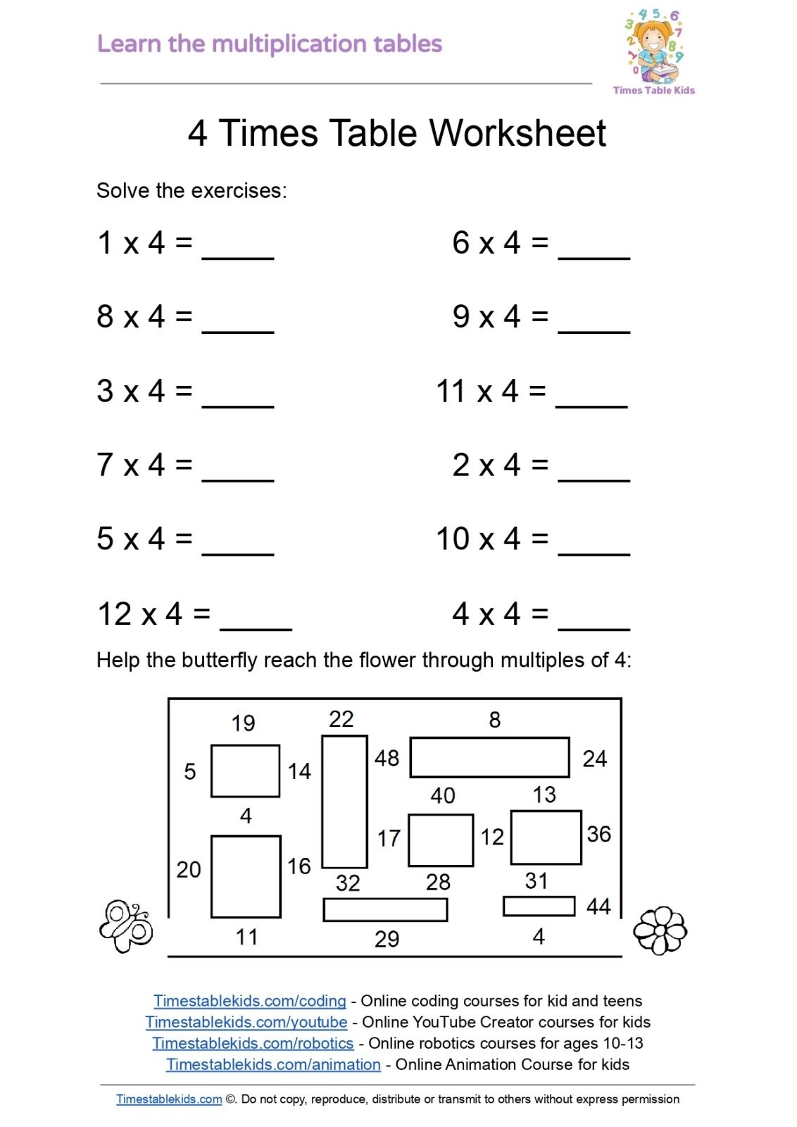 4 times table worksheet