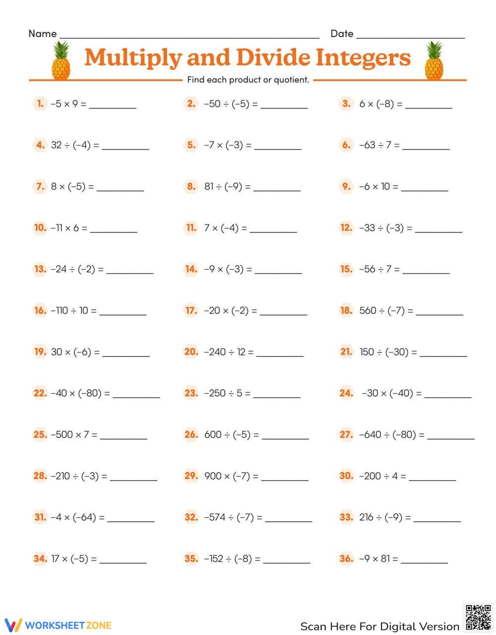 Multiply And Divide Integers Worksheet