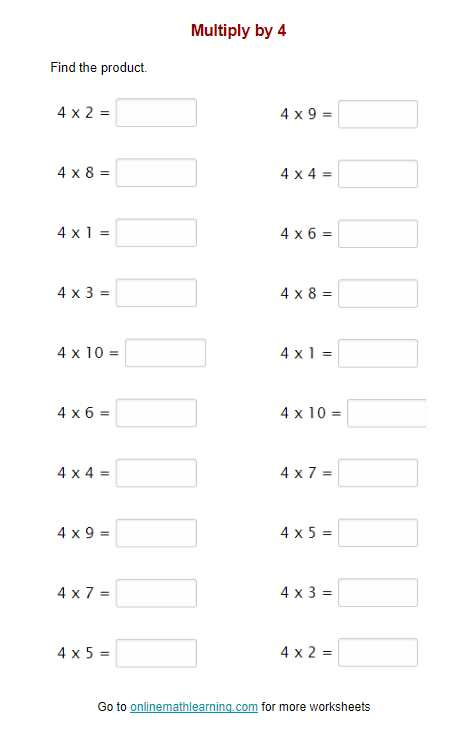 multiply by 4 worksheet