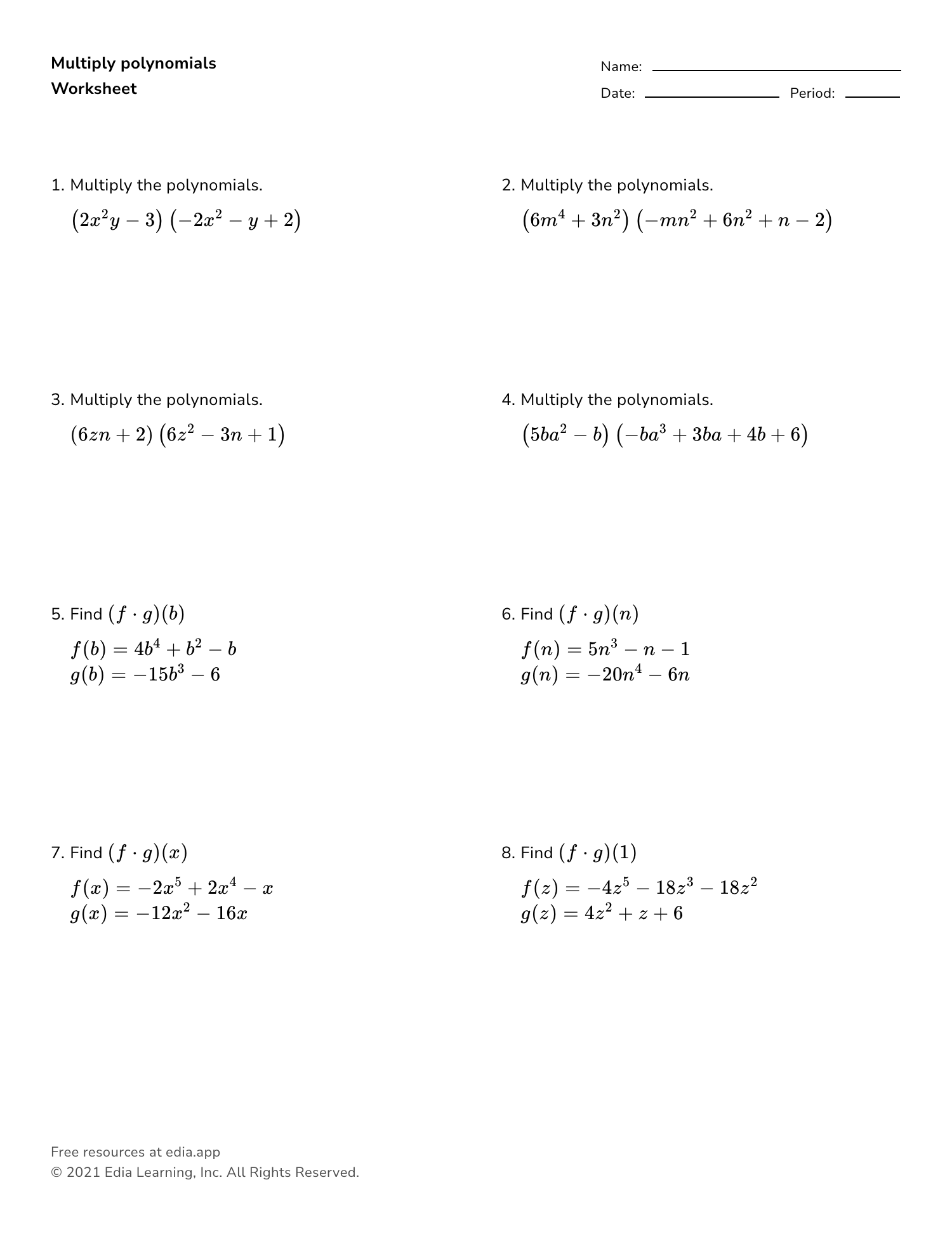multiply polynomials worksheet