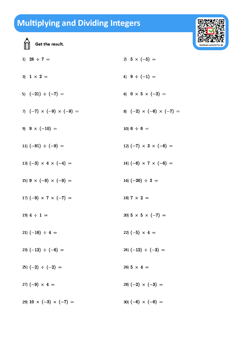 multiplying and dividing integers worksheet