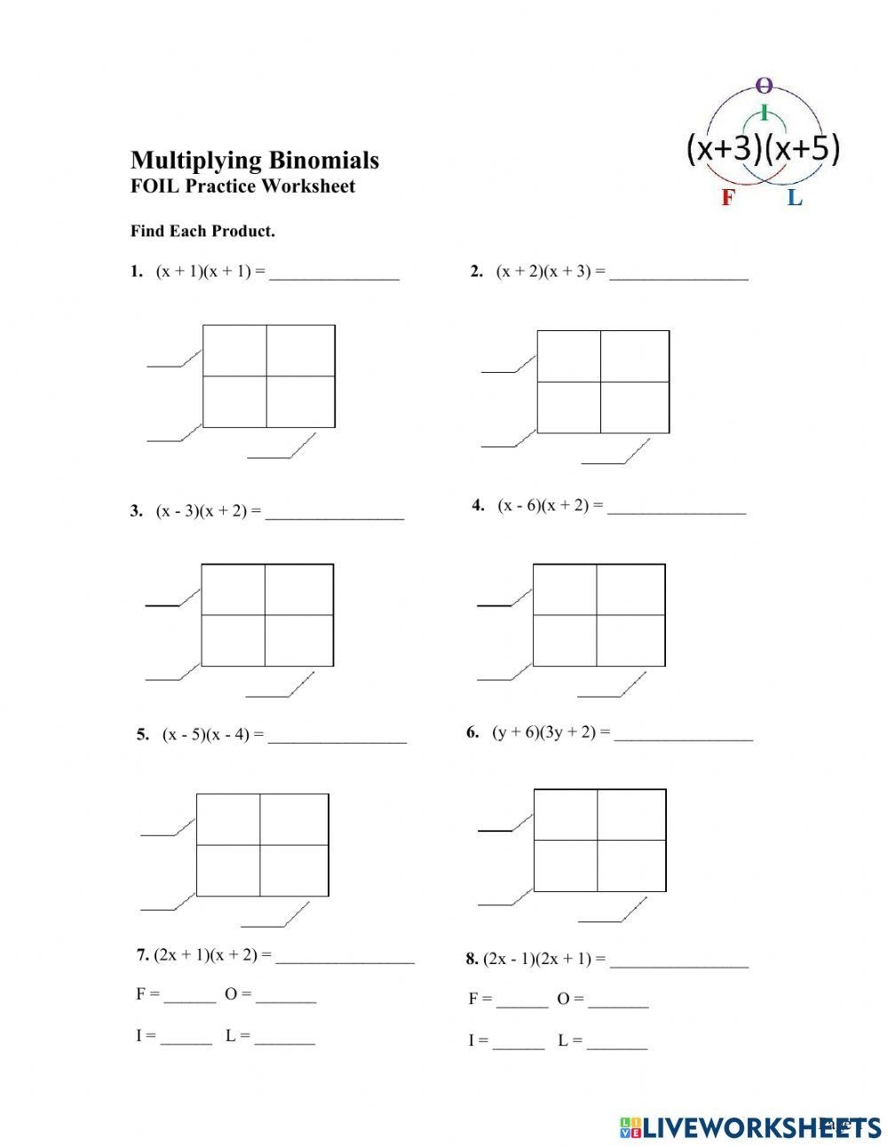 Multiplying Binomials Worksheet Box FOIL Online Exercise For Multiplying Binomials Worksheet Box FOIL Online Exercise For