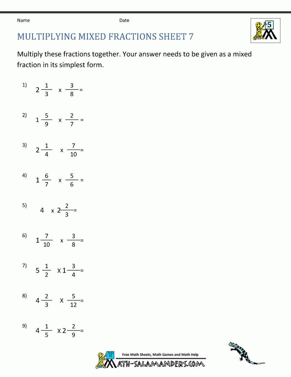 Multiplying Mixed Fractions Worksheet Owhentheyanks