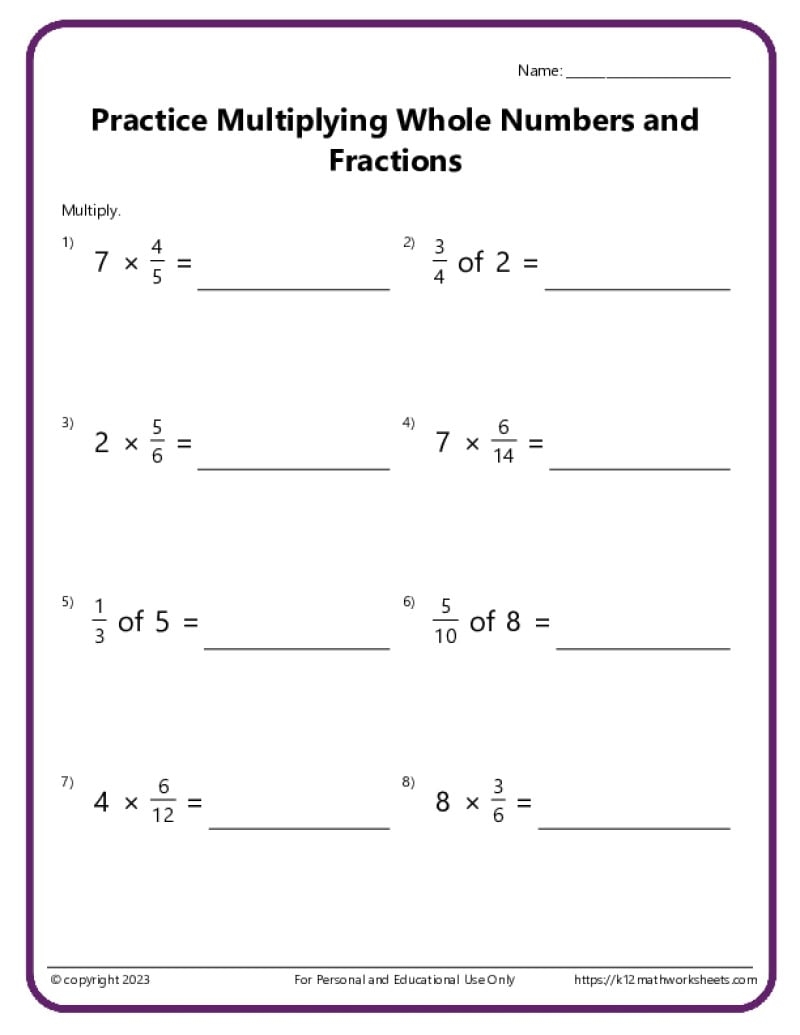 Multiplying Whole Numbers By Fractions Worksheets