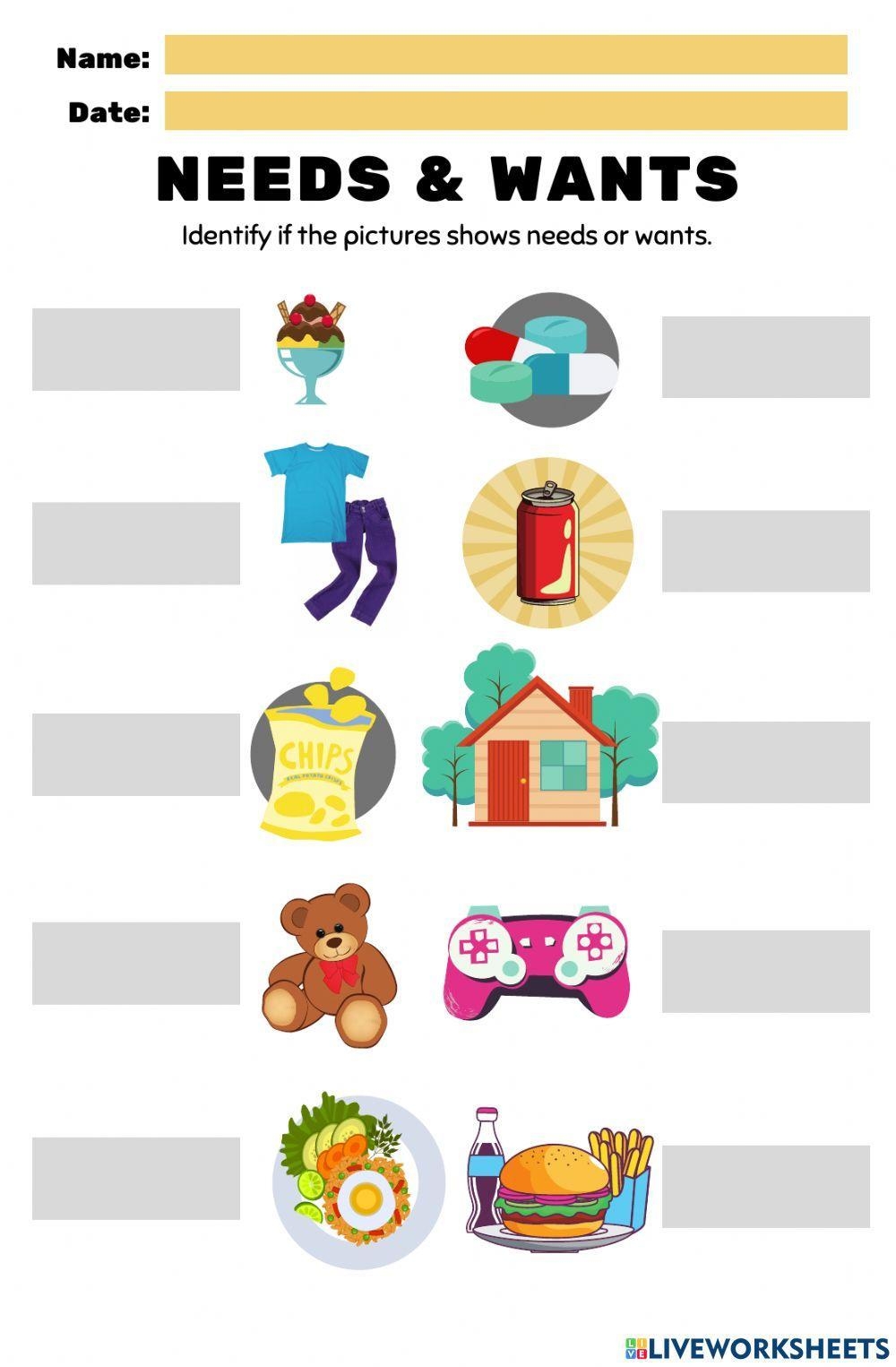 Needs And Wants Worksheet