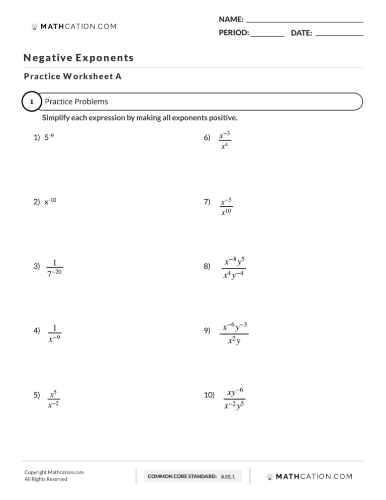 negative exponents worksheet