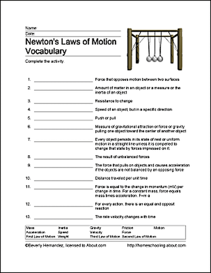 Newtons Laws Of Motion Worksheet Educational Printable Activities