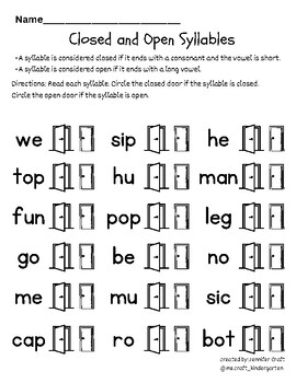 Open Closed Syllables Worksheet All About The Open Syllable FREE