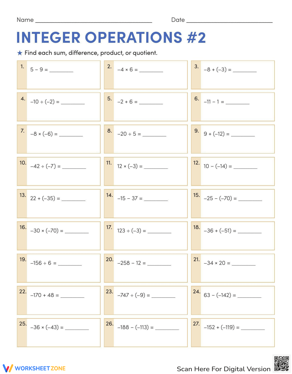 Operations With Integers Worksheets Integers Worksheets
