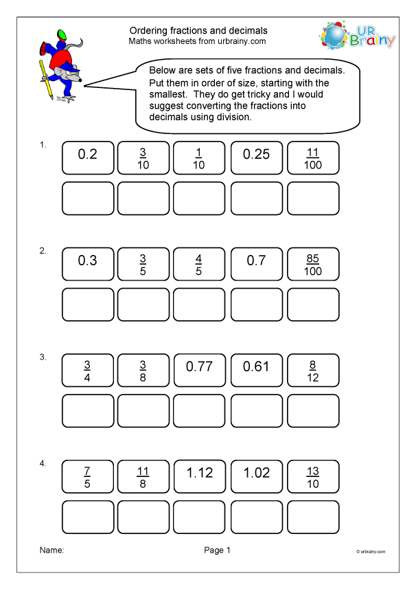 Ordering Fractions And Decimals Fraction And Decimal Worksheets For 