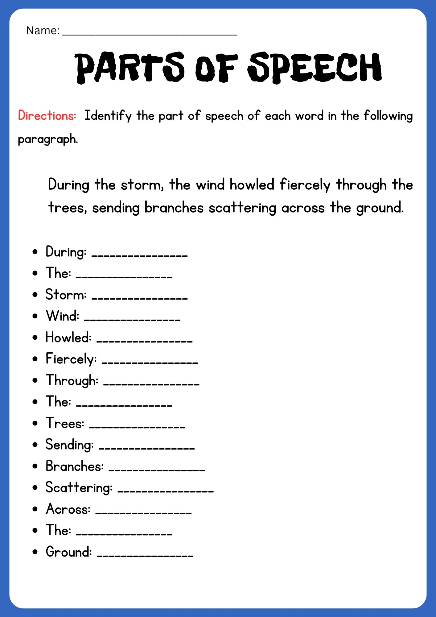 parts of speech worksheet
