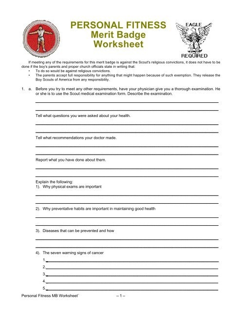 PERSONAL FITNESS Merit Badge Worksheet Troop 655 Worksheets Library