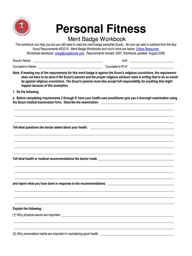 Personal Fitness Merit Badge Worksheet Word Document Fill And Sign