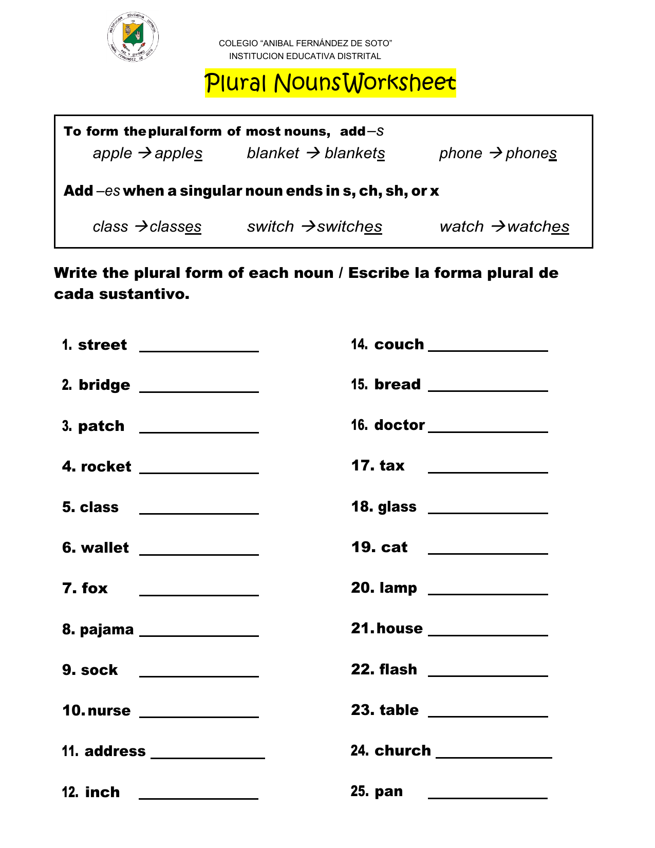 Plural Nouns Worksheet 
