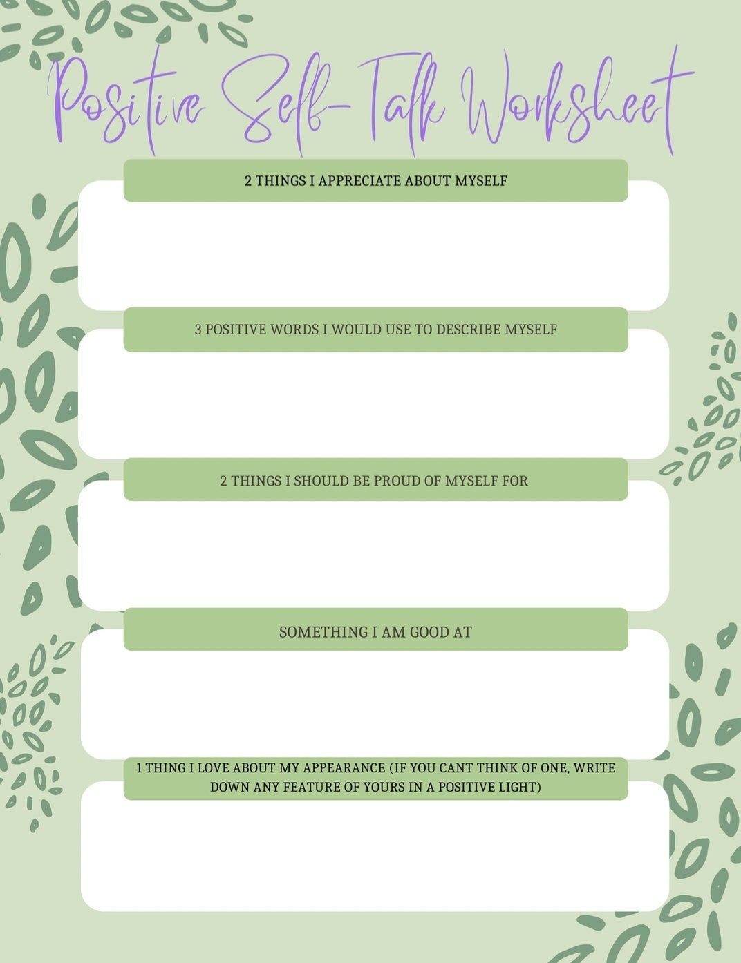 Positive Self talk Worksheet Digital Download Printable Self 