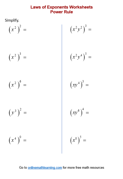 Power Rule Of Exponents Worksheets printable Online Answers 