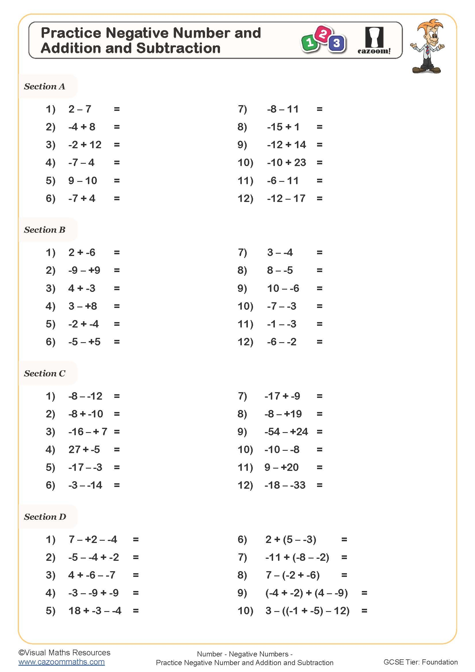 Practice Negative Number And Addition And Subtraction Worksheet Practice Negative Number And Addition And Subtraction Worksheet