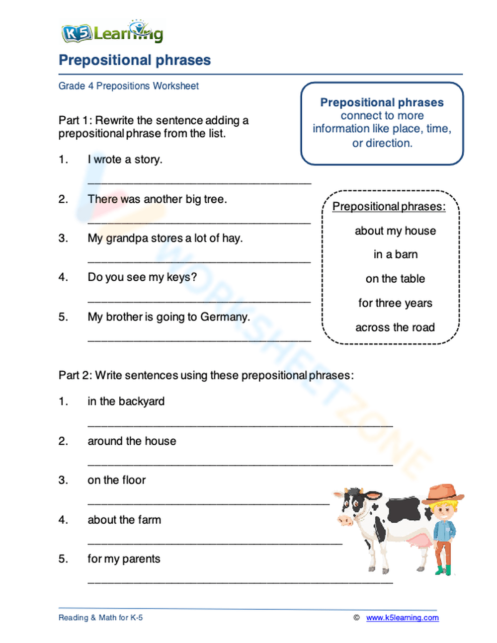 Prepositional Phrases Worksheet Answers