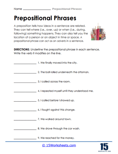 prepositional phrase worksheet